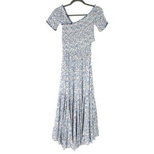 NWT Poupette St Barth Soledad Off Shoulder Smocked Midi Dress Blue Floral